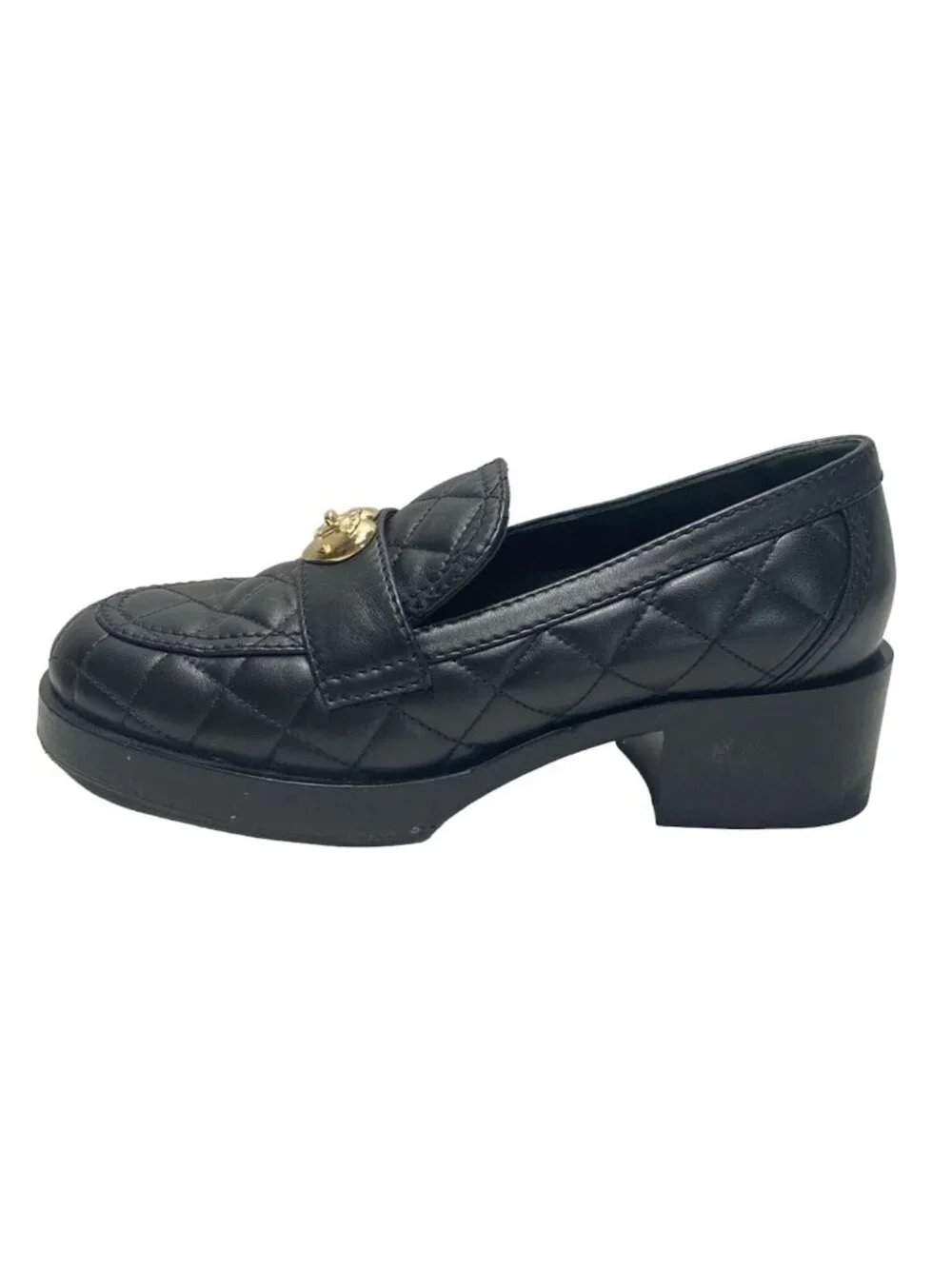 Chanel Loafers Quilted Black Heart Turnlock Gold Platforms
